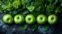 Fresh green apples in row with water drops and leafy vegetables on dark background. Natural healthy food concept for menu design and cooking.