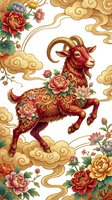 Traditional Chinese zodiac goat with ornate floral patterns jumping through golden clouds surrounded by blooming peonies in classic Asian art style.
