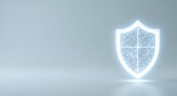 Glowing neon shield with security grid pattern on neutral background, representing data protection, cybersecurity, and digital safety for tech and business applications.
