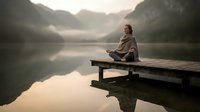 Young woman meditating in lotus pose on wooden dock by serene mountain lake at dawn. Peaceful mindfulness practice in nature for wellness and relaxation.