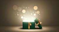 Opened green gift box with golden ribbon releasing magical light bokeh particles and sparkles on neutral background for holiday promotions.