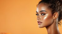 Young African American woman with glowing skin and natural makeup against orange background, profile view showcasing professional beauty and cosmetic artistry.