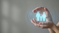 Protective hands surrounding glowing family figures with digital waves symbolizing insurance coverage and security for loved ones.