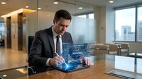 Middle-aged Caucasian male professional businessman in dark suit and tie working at wooden desk in modern office, interacting with holographic digital interface displaying data and program code, cityscape visible through windows behind him.