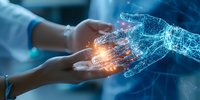 Digital wireframe hand reaching to touch human palm with glowing connection point, representing artificial intelligence and human interaction in healthcare setting.