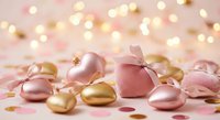 Pink and gold Easter eggs with ribbon bows scattered on soft surface with warm bokeh lights creating festive holiday atmosphere for spring celebration.