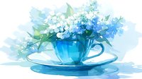 Delicate blue hydrangea and lily of the valley flowers arranged in turquoise teacup on saucer, soft watercolor style artwork with gentle brushstrokes and pastel tones.