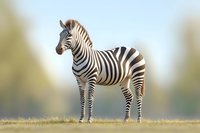 Plains zebra standing in profile on grassland against soft blurred natural background, showing distinctive black and white stripe pattern in morning light.