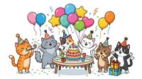 Cartoon cats celebrating birthday party with colorful balloons, cake, and confetti on white background. Isolated clipart suitable for greeting cards, invitations, and children's designs.
