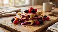 Delicious homemade crepes filled with berry jam and topped with fresh raspberries and blackberries on rustic wooden cutting board for breakfast menu.