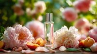 Elegant perfume bottle surrounded by delicate pink peonies and fresh peaches, creating a romantic spring composition for beauty product marketing.