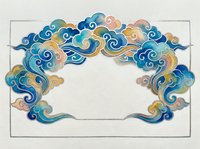 Traditional Chinese cloud frame in blue and gold watercolor tones, forming an arch border with swirling auspicious patterns and empty center space.