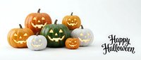 Carved jack-o-lantern pumpkins with glowing faces in orange, white, and green arranged together with Happy Halloween text on isolated white background.