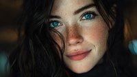 Young Caucasian woman with striking blue eyes and freckles smiling warmly at camera. Natural beauty portrait with soft lighting for lifestyle content.