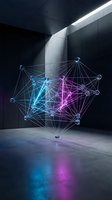 Futuristic holographic network visualization with glowing nodes and connections floating in modern concrete interior space for technology concepts.