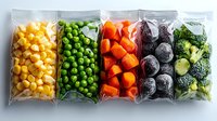 Frozen vegetables in transparent plastic bags arranged in row showing corn, peas, carrots, berries and broccoli for healthy meal preparation and storage.