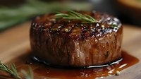 Juicy grilled beef tenderloin steak with rosemary sprig and caramelized sauce on wooden cutting board, close up view showing medium rare doneness.