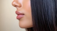Close up profile view of Asian woman with glossy pink lips and straight black hair against beige background, beauty and cosmetics concept.