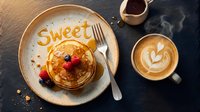 Fluffy pancakes topped with fresh berries and golden syrup spelling Sweet, served with steaming latte art on dark slate background.