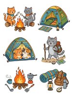 Cartoon cats camping with tents, campfire, and outdoor gear. Isolated clipart set on transparent background, ready for design projects, merchandise, and educational materials.