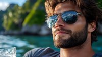 Handsome bearded man in sunglasses relaxing by tropical turquoise water during summer vacation, enjoying peaceful moment in paradise resort destination.