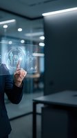 Businessman in dark suit touching glowing holographic interface with teamwork icon in modern office environment for business technology and innovation concepts.