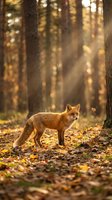 Red fox standing on autumn forest floor with golden sunlight filtering through tall trees and fallen leaves.