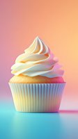 Vanilla cupcake with white cream frosting on pastel gradient background. Soft swirled buttercream topping in paper wrapper creates dreamy dessert composition.