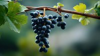 Fresh ripe dark purple grapes hanging on grapevine branch with green leaves against blurred natural background, macro photography of wine harvest.