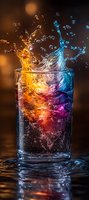 Colorful liquid splash in glass with dramatic lighting creating yellow, purple and blue gradient effect, dynamic water drops and reflection on dark surface.