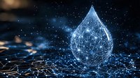 Glowing digital water drop with connected dots and lines network pattern on dark background represents technology and innovation in water industry.