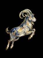 Majestic goat with curved horns leaping in dynamic pose, featuring blue and gold watercolor tones. Isolated on transparent background, ready for t-shirts, stickers, clipart, and print-on-demand designs.