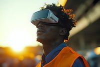 Young African American man wearing virtual reality headset against sunset sky, dressed in orange safety vest, experiencing immersive technology outdoors.