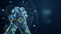 Futuristic robotic hand with glowing circuits and digital network connections on dark blue technology background for AI and automation concepts.