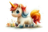 Adorable fantasy unicorn with colorful mane and golden horn standing in meadow grass. Cute cartoon character design with soft pastel colors and magical whimsical style.