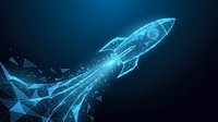 Digital rocket launch with glowing blue wireframe design and particle effects on dark background for technology and innovation concepts.