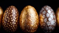 Luxurious chocolate Easter eggs with elegant floral patterns and metallic gold and bronze finishes arranged in row on dark background. Seasonal confectionery concept.