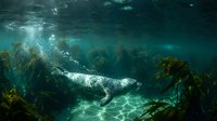 Majestic gray whale swimming gracefully through underwater kelp forest with sunbeams filtering through turquoise ocean water creating magical marine scene.