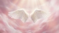 Pair of white feathered wings spread open against soft pink and white cloudy background, symbolizing spirituality, freedom, and divine protection for wellness and inspirational designs.