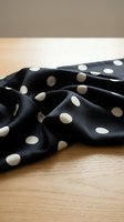 Black and white polka dot fabric draped on wooden surface, suitable for fashion, textile, and design projects.
