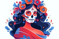 Day of the Dead female character with sugar skull makeup, flowing dark hair adorned with red and blue flowers, celebrating Mexican cultural tradition.