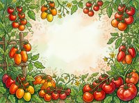 Tomato plants with ripe red and orange fruits and green foliage frame a blank center space, ideal for recipe cards, cooking blogs, farmers market promotions, and garden-themed designs.