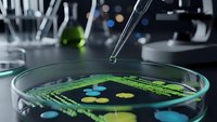 Laboratory technician using precision tweezers to handle green circuit board in glass petri dish for electronics research and development testing.