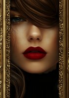 Close-up portrait featuring bright red lipstick and intense green eye partially covered by brown hair, framed in ornate golden baroque frame against dark background.