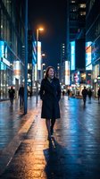 Young professional woman walking through illuminated city street at night wearing elegant black coat with neon lights and urban architecture creating atmospheric scene.