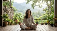 Young woman meditating in lotus position on wooden deck with mountain view. Peaceful morning yoga practice surrounded by plants and natural stone walls.