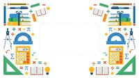Back to school supplies frame with calculator, books, pencils, ruler, compass and math symbols on white background. Educational clipart for design projects.