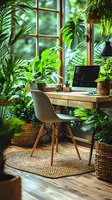 Cozy home office workspace surrounded by lush tropical plants, monstera leaves, and natural light. Modern desk setup with laptop near window creates peaceful atmosphere.