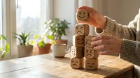 Woman arranging wooden blocks with different emotion faces on table near window. Mental health awareness and emotional wellness concept for therapy.