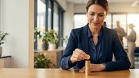 Professional businesswoman stacking gold coins at modern office desk, financial planning and investment growth concept for wealth management presentations.
